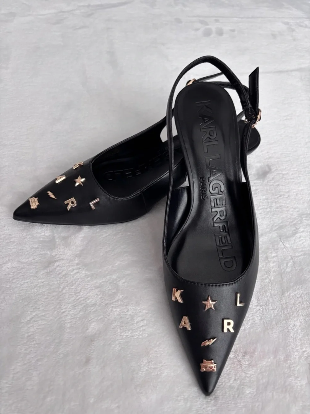 KARL LAGERFELD Sunday Black Faux Leather Slingback Kitten Heel Pump--NWOB--7.5 - Picture 1 of 15